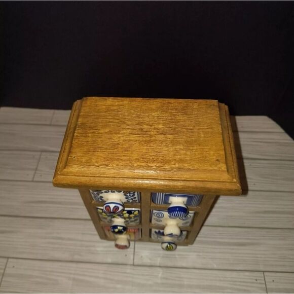 Apothecary 6 Hand Painted Ceramic Drawers Heavy Wooden Cabinet Tea Trinket Box - Picture 2 of 12